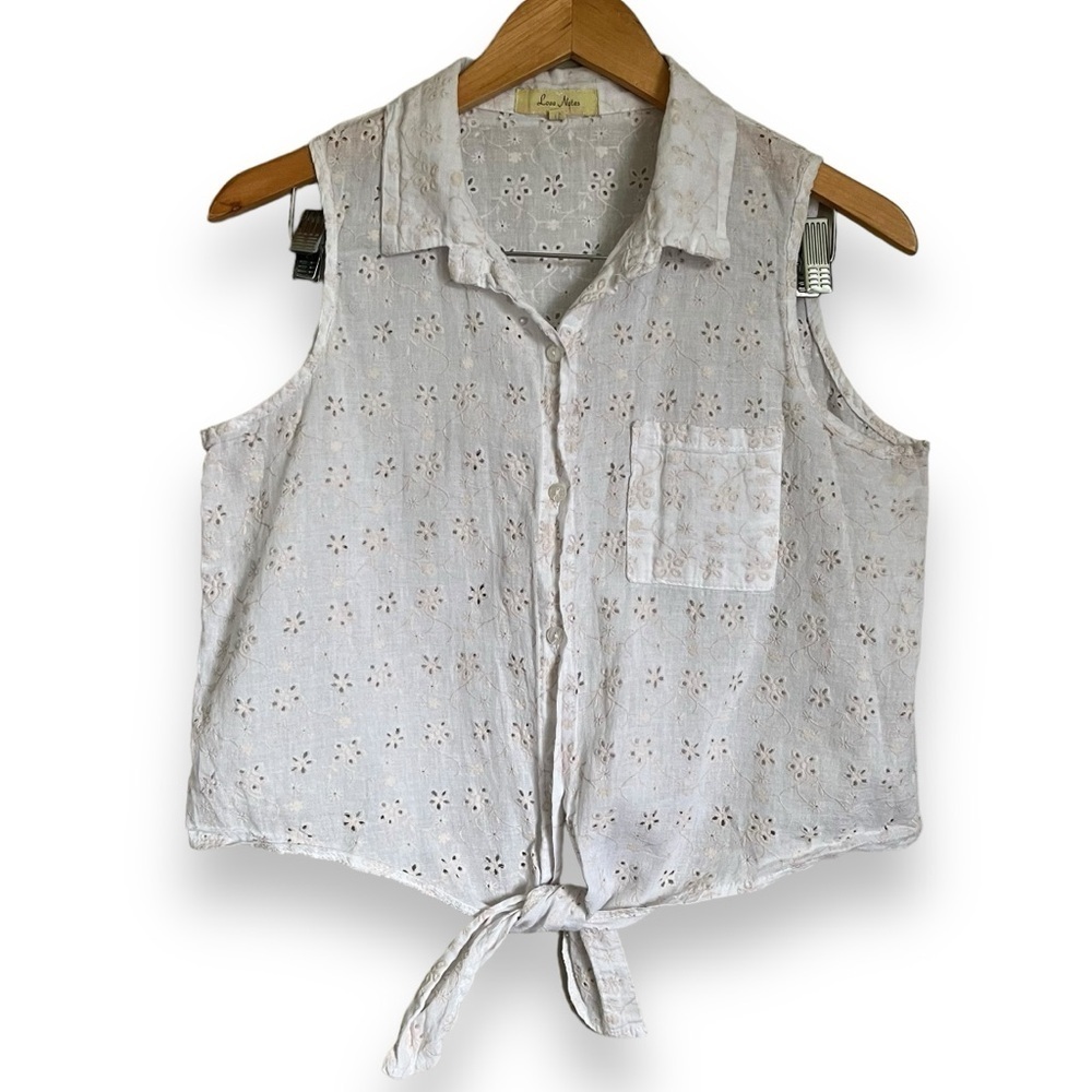 Love Notes Eyelet Sleeveless Tie Front Button Down Cropped Cotton Blouse Size L